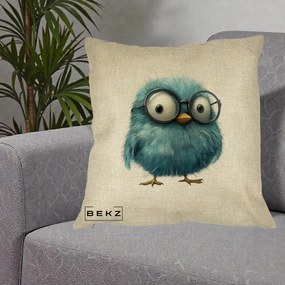 Perna Decorativa Pui Pufos Teal cu Ochelari, 40x40 cm, Crem, Husa Detasabila, Perna Inclusa, BEKZ®
