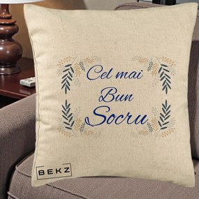 Cadou pentru Socru - Perna Personalizata Cel mai Bun Socru cu Ramuri Frunze Albastre si Aurii, 40x40 cm, Bej, Husa Detasabila, Perna Inclusa, BEKZ®