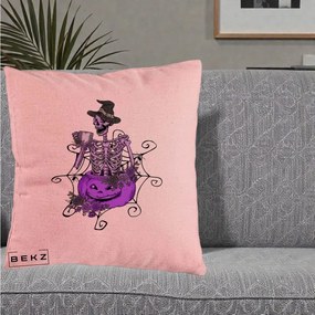 Perna Decorativa Schelet Vrajitor cu Dovleac Violet Halloween, 40x40 cm, Roz, Husa Detasabila, Perna Inclusa, BEKZ®