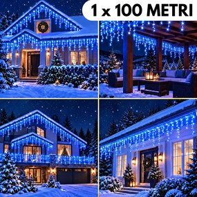 Instalație de Crăciun, 1 x 100 metri, franjuri tip țurțuri, fir gros, cu flash, exterior, albastru