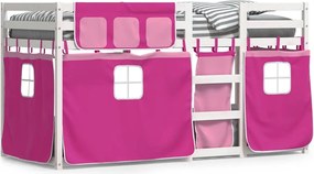 vidaXL Pat supraetajat cu perdele, roz, 90x200 cm, lemn masiv pin