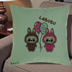 Perna Personalizata Labubu Cuplu cu Baloane, 40x40 cm, Verde, Husa Detasabila, Perna Inclusa, BEKZ®