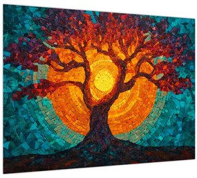 Tablou pe sticlă - Arborele vieții și soarele în mozaic (70x50 cm)