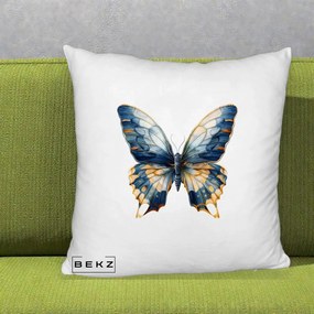 Perna Decorativa Fluture Albastru Auriu Elegant, 40x40 cm, Alb Pufos, Husa Detasabila, Perna Inclusa, BEKZ®