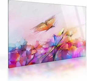 Tablou pe sticlă - Fluture asupra florilor, abstracție (70x50 cm)