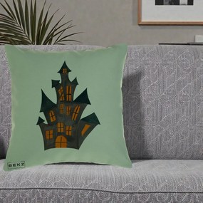 Perna Decorativa Halloween Casa Bantuita Minimalista, 40x40 cm, Verde, Husa Detasabila, Perna Inclusa, BEKZ®