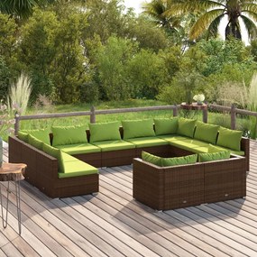 Set mobilier de gradina cu perne, 11 piese, maro, poliratan maro si verde, 4x colt + 7x mijloc, 1