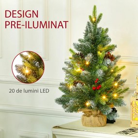 HOMCOM Mini Brad de Crăciun 60 cm cu lumini LED, 141 ramuri, conuri de pin, bobițe roșii, bază din ciment, verde | Aosom Romania