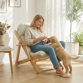 HOMCOM Fotoliu pliant și înclinat din lemn, fotoliu relaxant confortabil cu pernă capitonată groasă | Aosom Romania