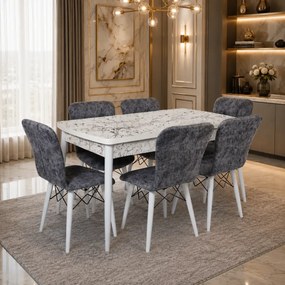Set masa extensibila cu 6 scaune tapitate Homs cristal  bej-gri-picior-alb-170 x 80 cm