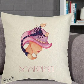 Perna Personalizata Zodiac Scorpion Cowgirl, 40x40 cm, Ecru, Husa Detasabila, Perna Inclusa, BEKZ®