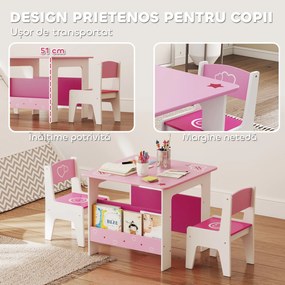 AIYAPLAY Set de masă cu 2 scaune pentru copii 3-8 ani, cu raft în lemn MDF cu motive de inimi, Roz | Aosom Romania