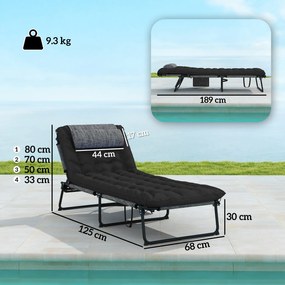 Outsunny Șezlong pliabil pentru grădină cu pernă, spătar reglabil în 4 poziții, buzunar lateral, negru | Aosom Romania