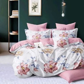 Lenjerie pat dublu cu două feţe  4 piese  Bumbac Satinat Superior  Roz  flori