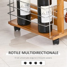 HOMCOM Cărucior de Bucătărie din Lemn Maro, Suport Alimente, 1 Sertar, 4 Coșuri Metalice, MDF, Lemn de Pin, Metal, 47x37x83cm | Aosom Romania