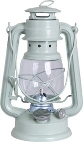Felinar vintage verde deschis cu petrol, din metal și sticlă, cu detalii argintii, capac de siguranță și fitil inclus, „Hurricane Lantern Light Green