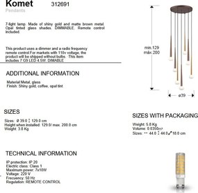 Lustra cu 7 pendule design modern Komet auriu/ cafeniu