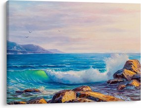 Tablou - Valuri lovind stânci, pictură în ulei (70x50 cm)