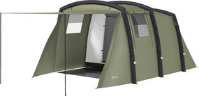 Outsunny Cort Gonflabil Tip Tunel pentru 3-6 Persoane cu Pridvor, Ferestre din Plasă și Husă, Impermeabil, Verde Măsliniu | Aosom Romania