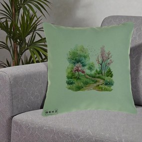 Perna Decorativa Gradina Primavara Acuarela, 40x40 cm, Verde, Husa Detasabila, Perna Inclusa, BEKZ®