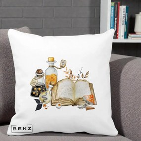 Perna Decorativa Grimoire Vrajitoare si Filtre Magice Halloween, 40x40 cm, Alba Mata, Husa Detasabila, Perna Inclusa, BEKZ®