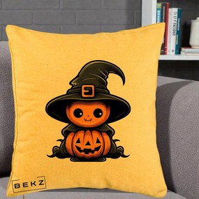 Perna Decorativa Halloween Dovleac Vrajitor Kawaii, 40x40 cm, Galben, Husa Detasabila, Perna Inclusa, BEKZ®