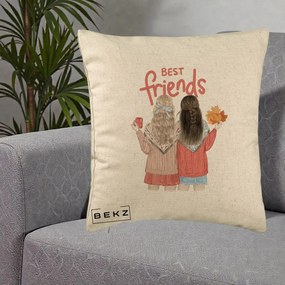 Cadou pentru Prieteni - Perna Personalizata Best Friends Toamna, 40x40 cm, Bej, Husa Detasabila, Perna Inclusa, BEKZ®