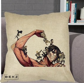 Perna Personalizata Attack on Titan Eren Titan Grup, 40x40 cm, Crem, Husa Detasabila, Perna Inclusa, BEKZ®