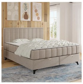 Pat tapițat ALICIA 140x200 cm, bej, cu saltele și topper incluse, cu spațiu de depozitare