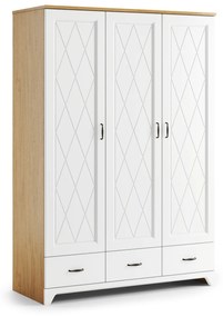 Mazzoni Dulap PROVENZA SZD3SZ3 Stejar Piatră/Alb Mat - GARDEROBĂ CU 3 UȘI CU SERTARE, RAFTURI CU BĂȚ PENTRU UMERAȘE RETRO