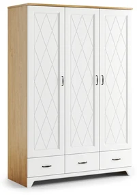Mazzoni Dulap PROVENZA SZD3SZ3 Stejar Piatră/Alb Mat - GARDEROBĂ CU 3 UȘI CU SERTARE, RAFTURI CU BĂȚ PENTRU UMERAȘE RETRO