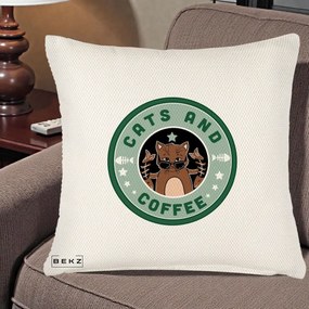 Perna Personalizata Cats and Coffee Starbucks, 40x40 cm, Crem Reliefat, Husa Detasabila, Perna Inclusa, BEKZ®