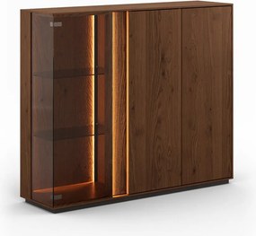 Vitrină lemn masiv Joasă Aurora Dublă Iluminată Stejar Fumuriu, 135 × 37 × 115 cm
