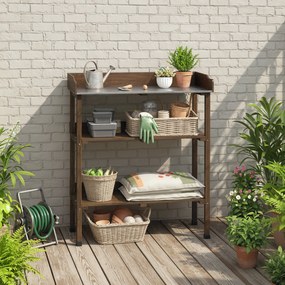 Outsunny Masă de grădină din lemn cu suprafață metalică, rafturi și cârlige pentru grădină, terasă 76x37x89 cm Carbonizat | Aosom Romania