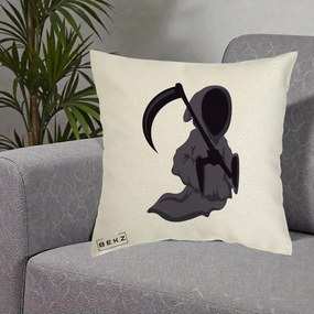 Perna Decorativa Moartea cu Coasa Grim Reaper Halloween, 40x40 cm, Ecru, Husa Detasabila, Perna Inclusa, BEKZ®
