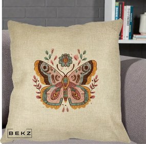 Perna Decorativa Fluture Boho Floral, 40x40 cm, Crem, Husa Detasabila, Perna Inclusa, BEKZ®