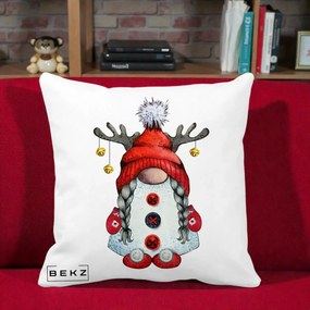 Perna Decorativa Pitic Gnom Craciun cu Coarne de Ren, 40x40 cm, Alba Mata, Husa Detasabila, Perna Inclusa, BEKZ®
