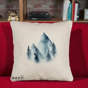 Perna Decorativa Munti Inzapeziti Acuarela Indigo, 40x40 cm, Bej Canapea, Husa Detasabila, Perna Inclusa, BEKZ®