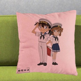 Perna Personalizata Detective Conan Conan si Ai Sailor, 40x40 cm, Roz, Husa Detasabila, Perna Inclusa, BEKZ®