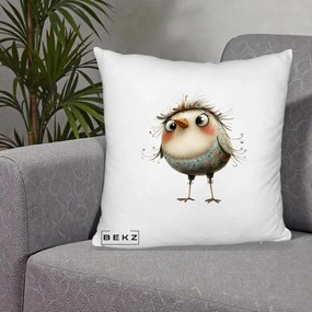 Perna Decorativa Pasare cu Penaj Zbarlit si Gene, 40x40 cm, Alb Pufos, Husa Detasabila, Perna Inclusa, BEKZ®