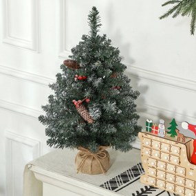 HOMCOM Mini brad de Crăciun 60 cm cu lumini integrate, 86 ramuri, conuri de pin, bobițe roșii, bază din ciment, verde | Aosom Romania
