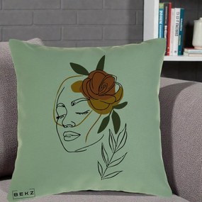 Perna Decorativa Portret Feminin Trandafir Ruginiu, 40x40 cm, Verde, Husa Detasabila, Perna Inclusa, BEKZ®