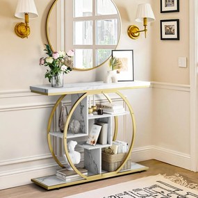 MAU43 - Masa Consola, 105 cm, masuta hol cu rafturi, living, dormitor - Auriu / Alb Imitatie de Marmura