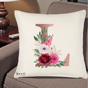 Cadou Personalizat - Perna Personalizata Monograma Rose Gold Litera L, 40x40 cm, Crem Reliefat, Husa Detasabila, Perna Inclusa, BEKZ®