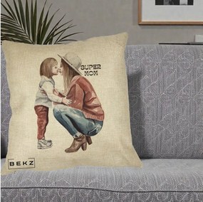 Cadou pentru Mama - Perna Personalizata Super Mom Acuarela, 40x40 cm, Crem, Husa Detasabila, Perna Inclusa, BEKZ®