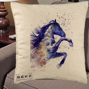 Perna Decorativa Cal Albastru Acuarela, 40x40 cm, Bej, Husa Detasabila, Perna Inclusa, BEKZ®