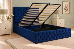 Pat tapițat Chesterfield din catifea Venezia 180×200 cm, bleumarin, cu ladă de depozitare