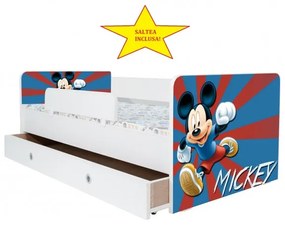 Pat Kiddy, imprimat cu Mickey Mouse, pentru 2-6 ani, cu protectie si saltea, 130x60 cm