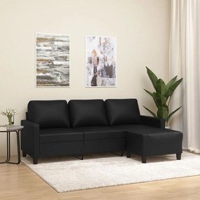 3201024 vidaXL Canapea cu 3 locuri și taburet, negru, 180 cm, piele ecologică