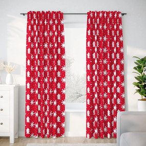 Goldea draperie din 100% bumbac - fulgi de zăpadă și brazi pe roșu 280x145 cm